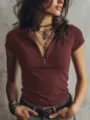 Women's knitted half-zip short sleeve top, classic collar casual slim fit summer tee. - S / Burgundy