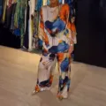 Women satin artistic print loose top and wide leg trousers two piece set for summer - S / Top And Bottom / Blue