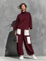 Women's high-neck sweatshirt and loose patchwork cargo pants two-piece set for autumn. - Burgundy