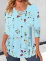 Women casual cross V-neck long sleeve floral print top blue fashion daily basic t-shirt - S / Sky Blue