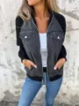 Detail view of women's patchwork zip jacket with knit sleeves and denim front for autumn. - S / Dark Gray