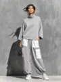 Women's high neck sweatshirt and loose cargo pants two piece set for autumn winter. - Light Gray
