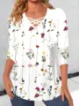 Women floral print long sleeve T-shirt with stylish cross V-neck design for autumn casual daily. - S / White