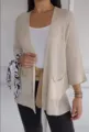 Casual waffle knit cardigan with three-quarter sleeves and open front design for daily wear. - S / Apricot