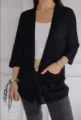 Women's black waffle knit cardigan, 3/4 sleeve casual open front sweater detail view. - S / Black