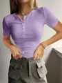 Kurzarm Rippstrick Oberteil für Damen Sommer slim fit Knopfleiste casual T-Shirt - Violett