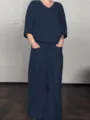 Women casual solid color loose cotton linen two piece set V neck top wide leg pants - S / Navy Blue