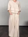 Women casual solid color linen two piece set V neck top wide leg pants summer daily wear - Apricot