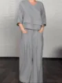 Womens casual solid color linen two piece set, V-neck top and wide leg pants detail view. - S / Gray