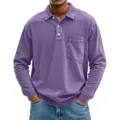 Men's stylish long sleeve polo shirt with chest pocket solid color casual lapel top - S / Tops / Purple