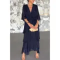 Elegante donkerblauwe chiffon V-hals vleermuismouw gelaagde maxi jurk voor dames zomerstijl. - S / Dresses / Marineblauw