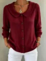 Damen einfarbige Revers Knopf Strickjacke Pullover fuer Herbst Winter Freizeit Kleidung. - Burgunderrot