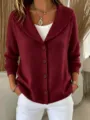 Burgundy knit cardigan sweater detailed view, cozy shawl collar and button front style. - Burgundy