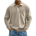 Herren Langarm Revers Polohemd mit Brusttasche und kontrastierenden Nähten Detail. - Aprikose