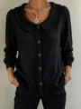 Solid color knitted lapel sweater for women, casual long sleeve button up cardigan top. - S / Tops / Black