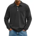 Men's long sleeve solid color polo shirt detail showing chest pocket and lapel design. - S / Tops / Black