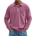 Men's long sleeve polo shirt, detail view of collar, chest pocket, and washed fabric design. - S / Tops / Pink