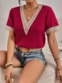 Women lace trim V-neck short sleeve blouse detail, elegant magenta top with denim shorts. - S / Tops / Burgundy