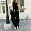 Set casual da donna gilet smanicato e pantaloni larghi con bordo bianco moda elegante - Taglia S / Top e Pantaloni / Nero