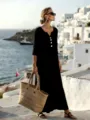 Elegant black V-neck maxi dress with buttons, loose casual long dress for resort vacation. - S / Dresses / Black