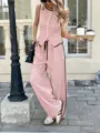 Completo casual da donna due pezzi gilet senza maniche e pantaloni larghi estivo chic. - Taglia S / Top e Pantaloni / Rosa