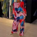Elegant floral print satin two piece set featuring a loose blouse and wide leg pants. - Pink