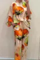 Elegant satin floral two-piece set featuring a loose batwing sleeve top and drawstring pants. - S / Top And Bottom / Orange