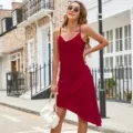 Stunning red satin cowl neck asymmetric strap midi dress for women, elegant party wear. - Burgundy