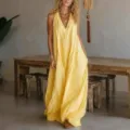 Casual sleeveless loose pocket women's long dress, comfortable cotton maxi dress for summer. - S / Yellow