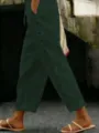 Pantalon court de loisirs pour femme en coton et lin uni avec des boutons et cordon. - Vert foncé
