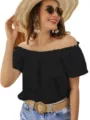 Schwarze Damen Schulterfreie Rüschen Kurzarm Bluse Schick Sommer Casual Mode Top Wear - S / Schwarz