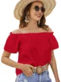 Damen schulterfreie Rüschenbluse rot Kurzarm Sommer lässig süßes Oberteil Mode Bekleidung - S / Rot