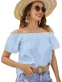 Hellblaue schulterfreie Rüschen Kurzarm Bluse, trendiges Sommer Damen Freizeit Hemd Oberteil. - S / Hellblau