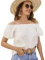 Damen schulterfreie Rüschen Kurzarm Bluse Sommer Freizeit schickes weißes Oberteil - S / Weiß