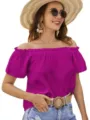 Damen off-shoulder Rüschen Kurzarm Bluse Top in leuchtendem Magenta, Sommer Kleidung. - Lila