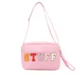 Pink casual crossbody bag for women with colorful letter patches and adjustable strap. - Pink