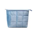 Light blue velvet quilted cosmetic bag, portable travel makeup pouch with secure zip closure. - One Size / Blue