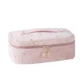 Pink velvet makeup bag with gold stars portable cosmetic storage pouch for women daily use. - Square Bag 2-in-1 / Pink