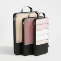 3er Set komprimierende Reise-Packtaschen mit Netzfenster für Koffer und Kleidung. - Dreiteiliges Set / Schwarz