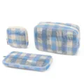 Blau-weiß kariertes Mesh Reise Kosmetiktasche Set, tragbarer 3-teiliger Make-up Organizer. - S / Blau Karo