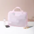 Bolsa de cosméticos de malla rosa con asa, neceser de viaje transpirable con cremallera. - Bolso Grande (33.5x25.5x10cm) / Rosa