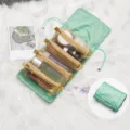 Trousse de Maquillage Enroulable Vert Matcha Pochette de Toilette Suspendue en Maille - Vert Foncé