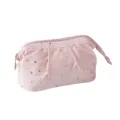 Pink velvet cosmetic bag with gold stars, portable makeup storage pouch and toiletry organizer. - Steel Frame Bag / Pink