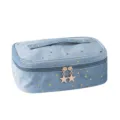 Blue velvet cosmetic bag with gold star pattern, portable makeup storage pouch with star zippers. - Square Bag 2-in-1 / Blue