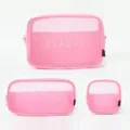Rosa Mesh Kosmetiktasche Set, transparente Kulturbeutel Organizer Pouch für Reisen Make-up. - 3-teiliges Set (1 pro Größe) / Rosa mit Aufdruck