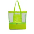 Neon green mesh beach bag with bottom insulated cooler compartment, spacious tote style for travel. - Green