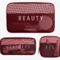 Klares Mesh Kosmetiktasche Set, burgunderroter Karomuster Make-up Organizer, Tasche. - 3-teiliges Set (1 pro Größe) / Weinrot mit Aufdruck