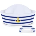 Sombrero de marinero blanco con rayas azules y ancla dorada para fiesta de Halloween y cosplay - Rayas azules y blancas ajustables