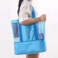 Blue mesh beach bag with bottom cooler compartment, large capacity picnic tote bag. - Sky Blue