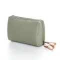 Hellgrüne Kosmetiktasche mit Doppelreißverschluss, tragbare Make-up-Tasche mit Lederlasche - Grün